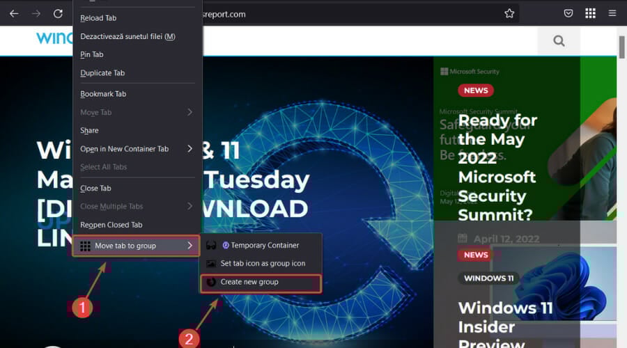 Контекстное меню перемещения вкладки в группу