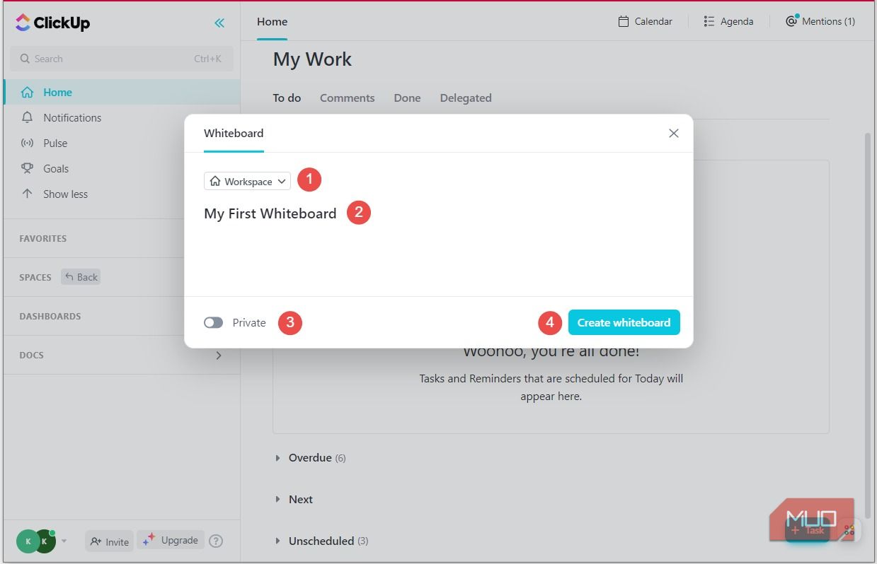 Создать новую белую доску из меню быстрых действий