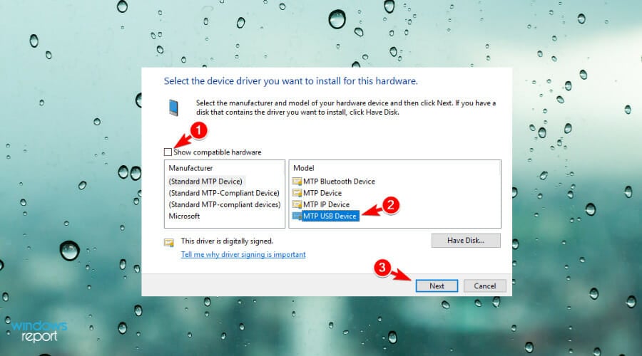Выбор MTP USB Device