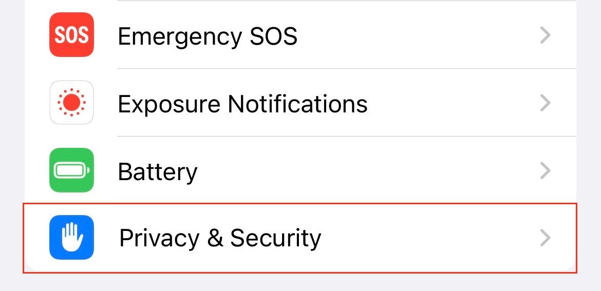 Страница настроек iPhone с выделенным разделом Конфиденциальность и безопасность.
