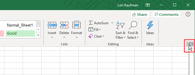 Pin the Excel ribbon so it permanently shows