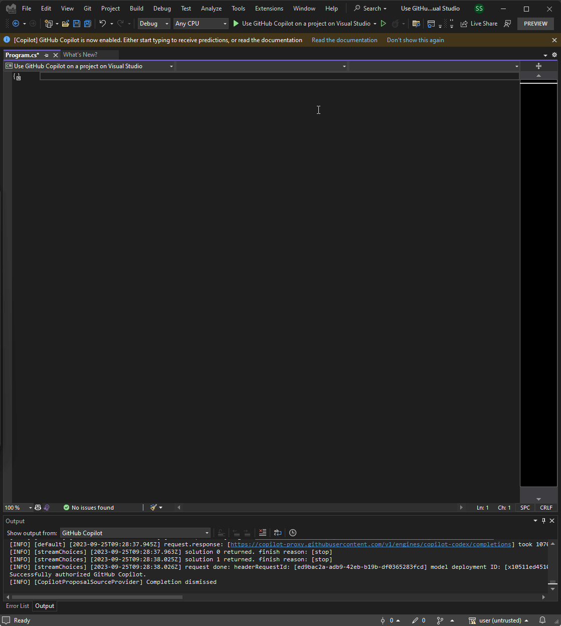 Демонстрация автодополнения GitHub Copilot в Visual Studio