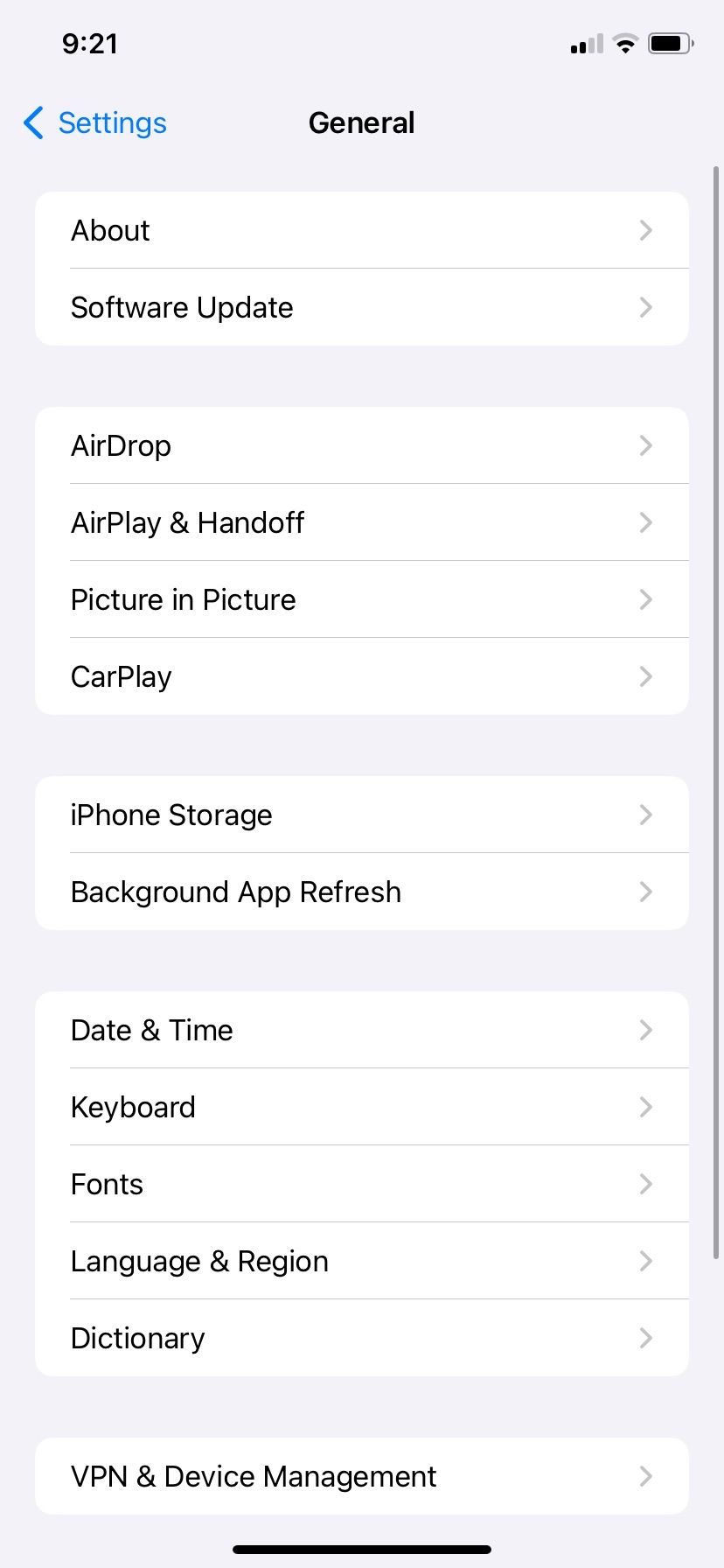 iOS Settings General Page Open