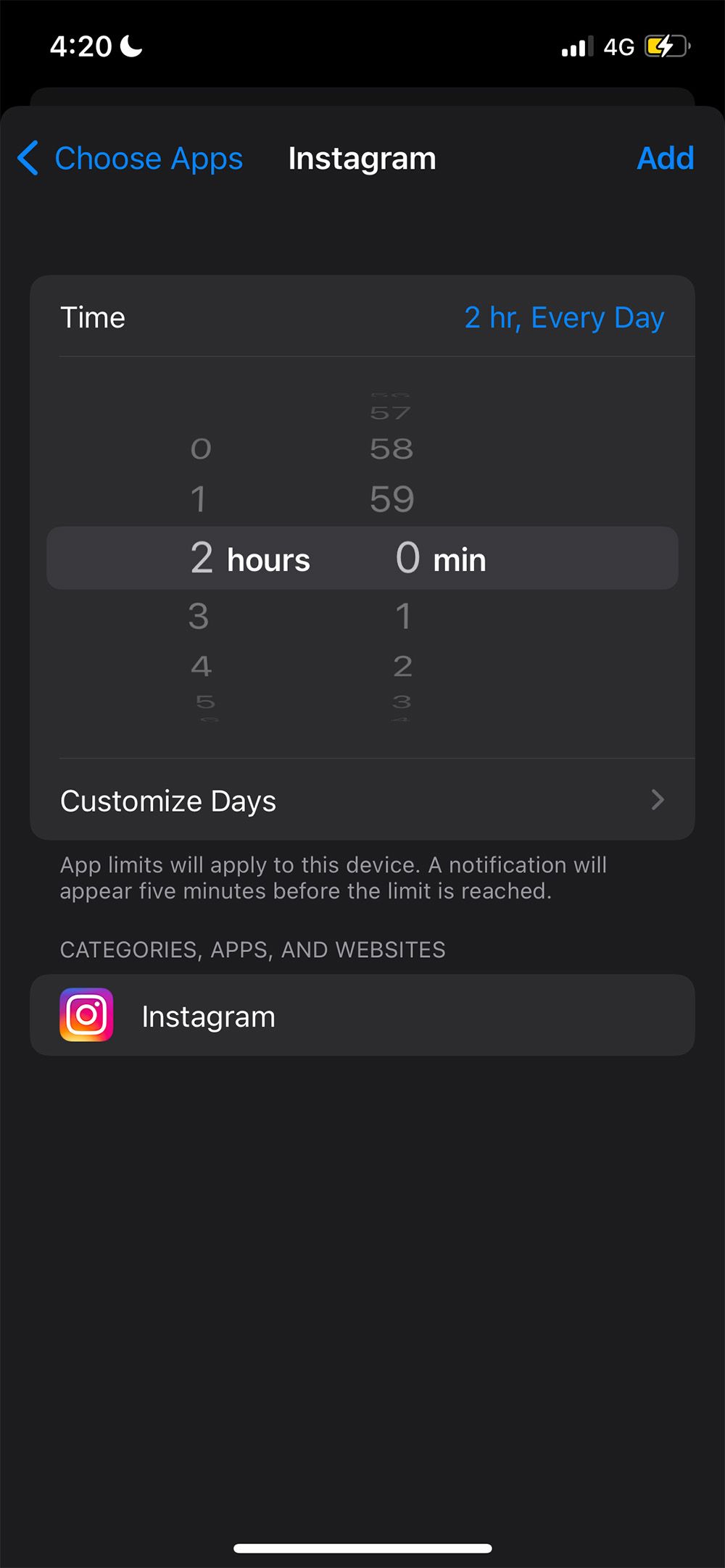 Установка времени лимита в Экранном времени