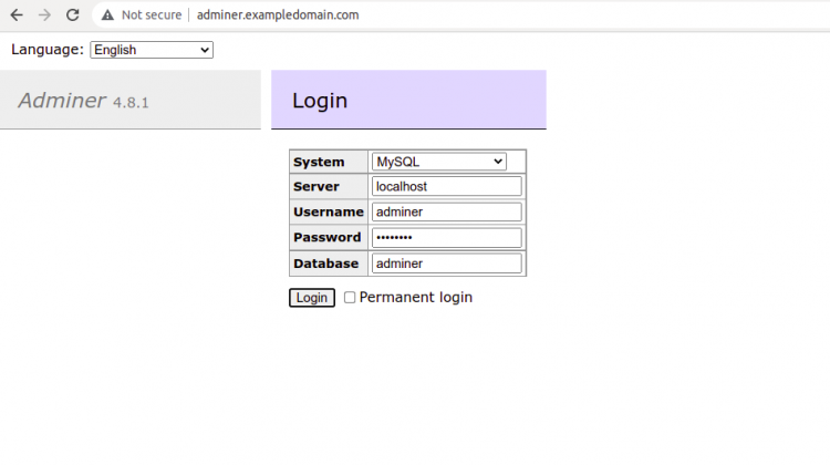 Страница входа Adminer — форма для указания сервера, базы данных, имени и пароля