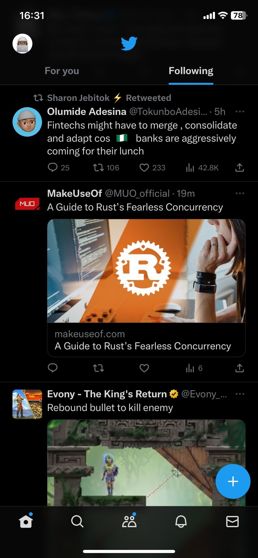 Вкладка Following в мобильном приложении Twitter