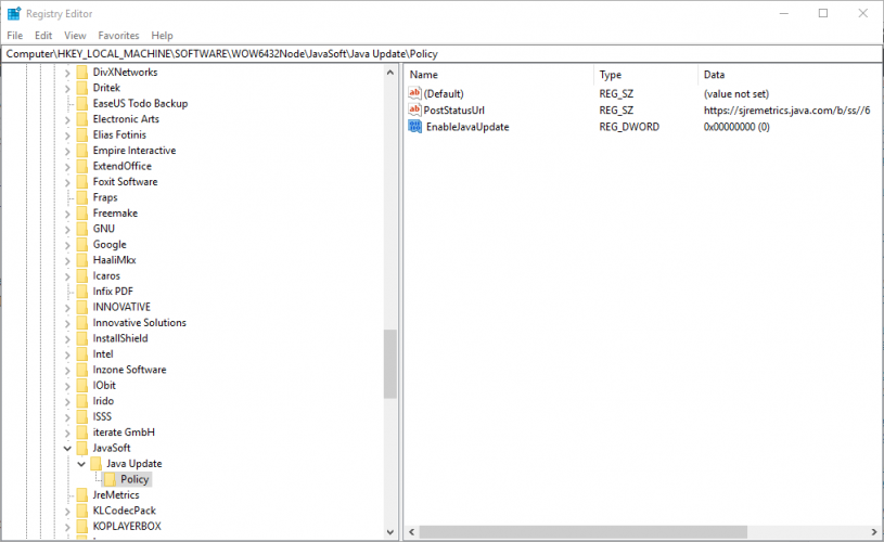 Путь в реестре к политике обновлений Java