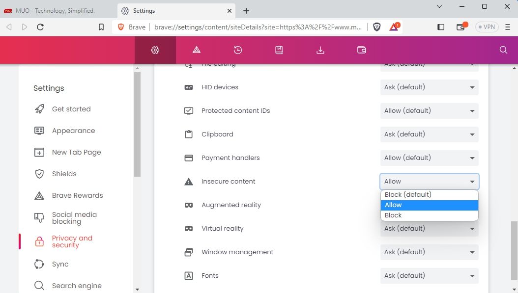 Опция небезопасного контента в Brave