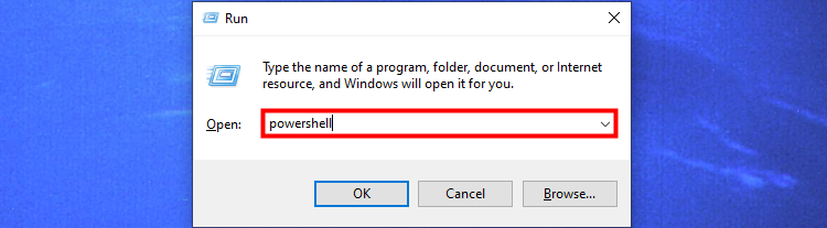 Ввод PowerShell в окне Выполнить