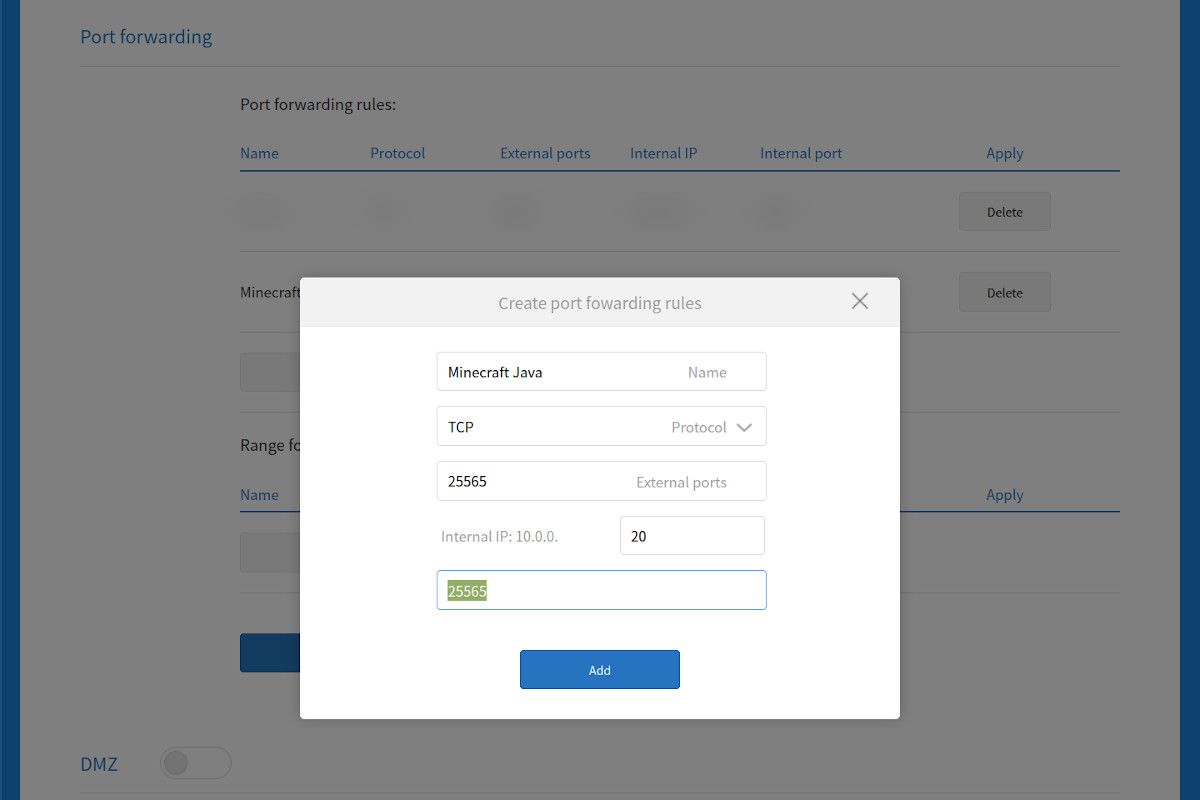 Настройки переадресации портов для Minecraft Java в интерфейсе роутера