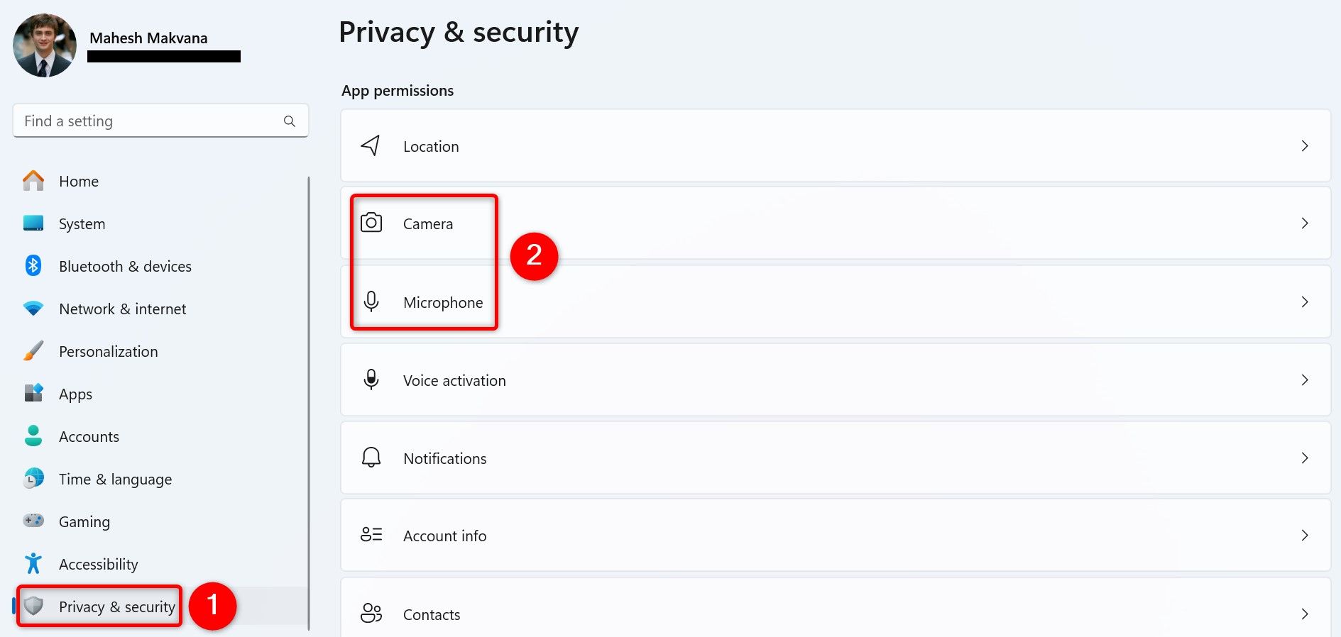 В Параметрах выделены разделы 