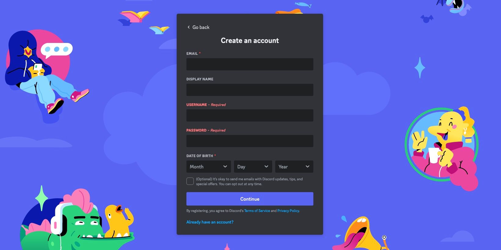 Страница веб-регистрации Discord