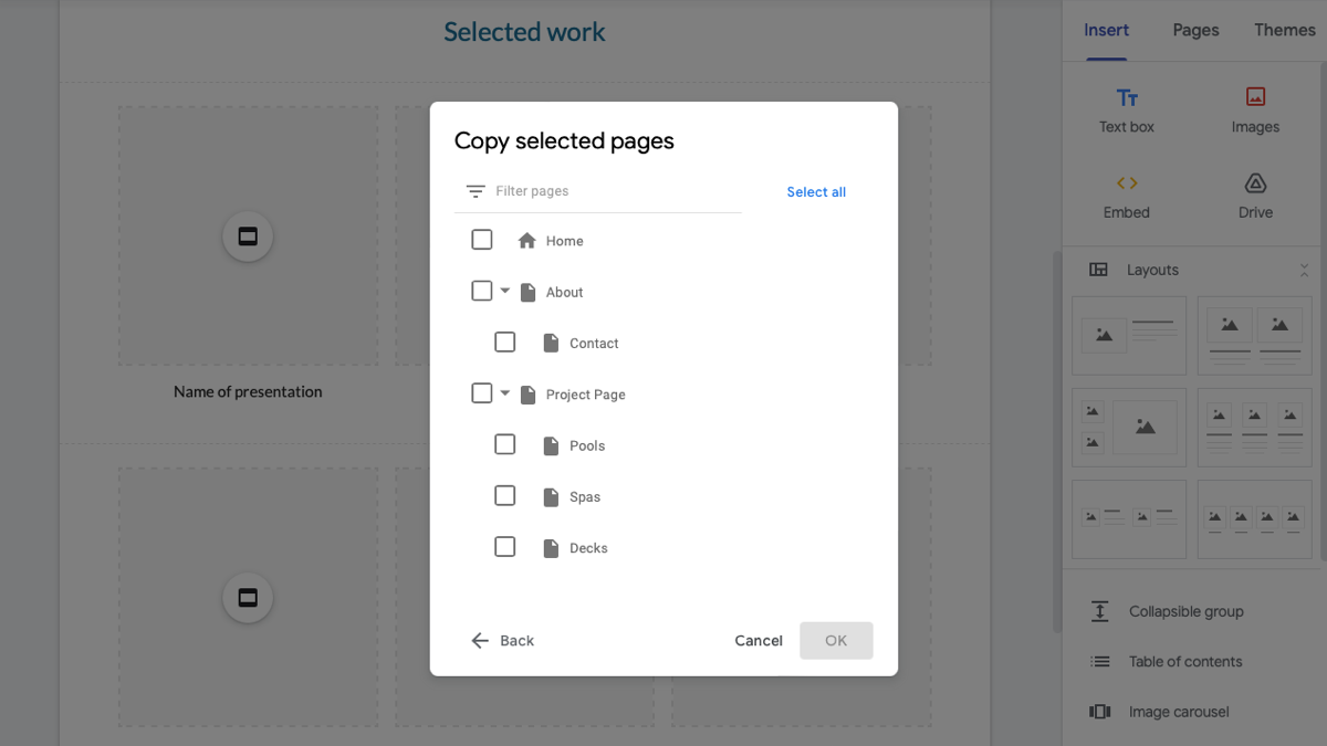 Копировать страницы в Google Сайты