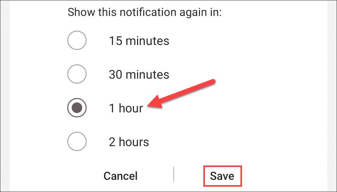 Меню выбора времени отложение на Samsung Galaxy.