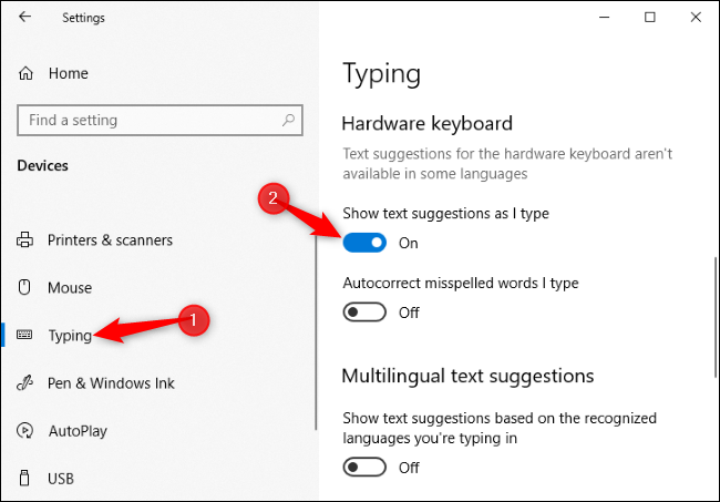 Настройки ввода: переключатель «Показывать подсказки при вводе» для аппаратной клавиатуры