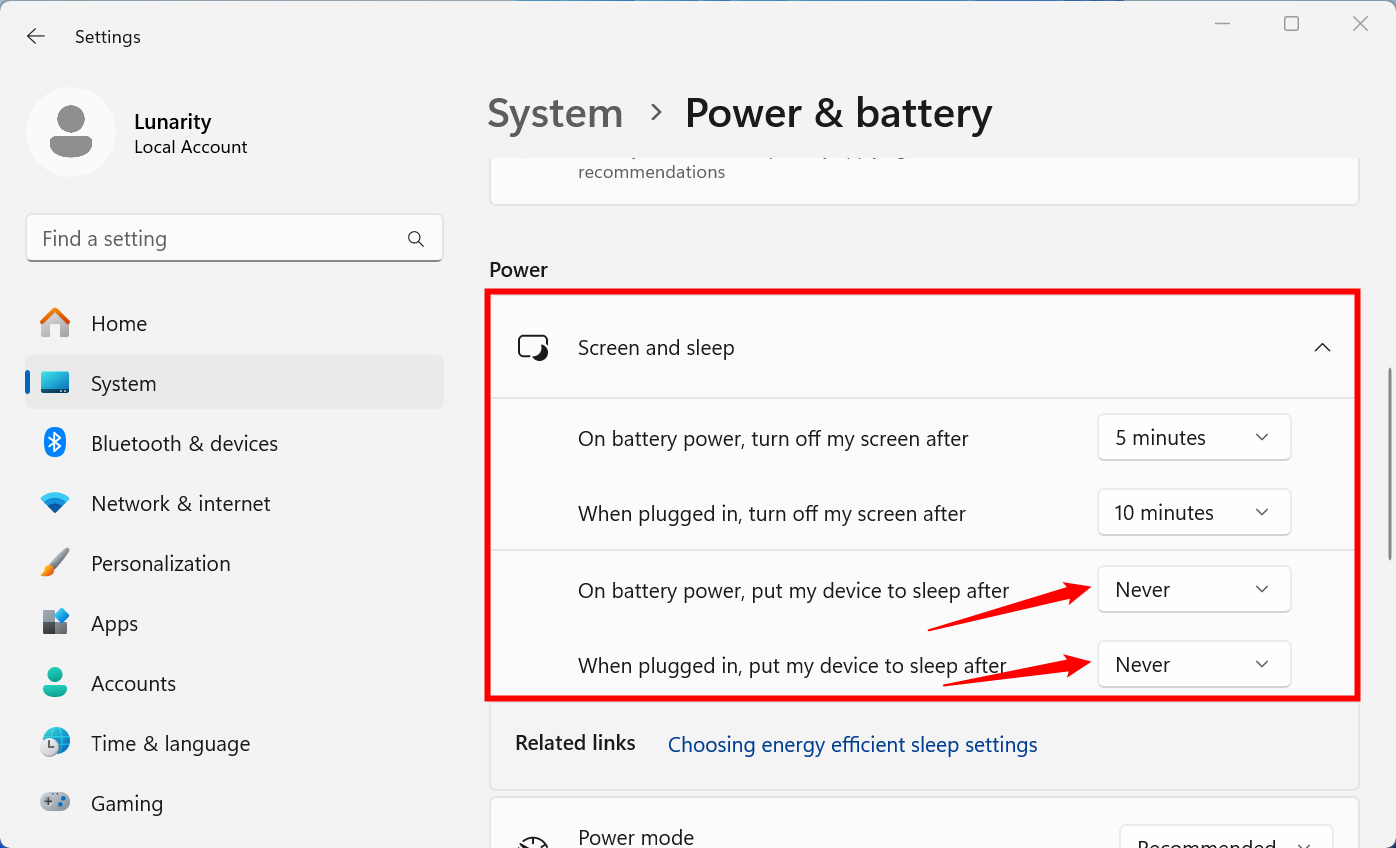 Установите опции экрана и спящего режима в значение Никогда