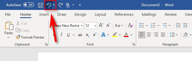 Кнопка «Отменить» на панели быстрого доступа в Word 365