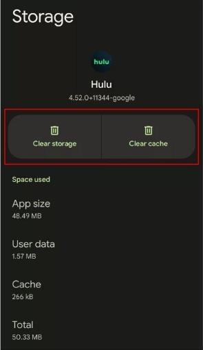 Tela de configurações do Android para limpar cache do Hulu