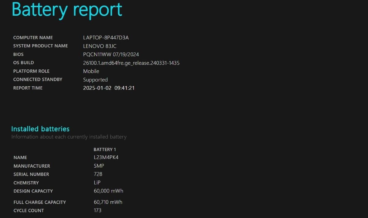 Отчёт о батарее, открытый в браузере, показывает Design Capacity и Full Charge Capacity