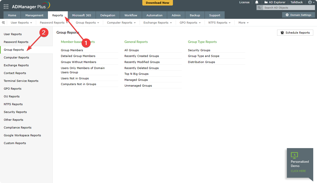 открытие отчетов по группам в ADManager Plus