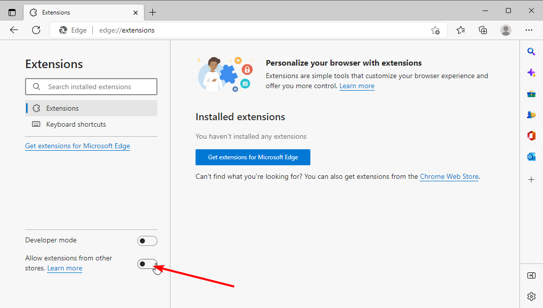 Разрешить расширения из других магазинов в Edge