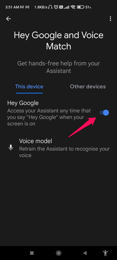 Переключатель Hey Google включён