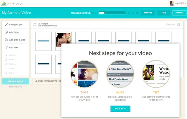 Пошаговый интерфейс Animoto