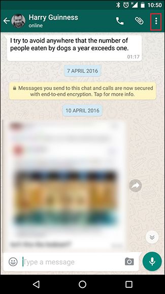Чат в WhatsApp на Android с меню в правом верхнем углу