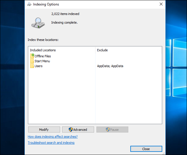Список каталогов, индексируемых Windows Search в Опциях индексирования