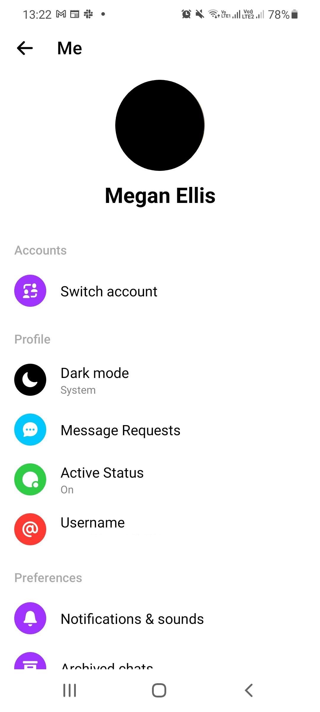 Меню чатов Facebook в мобильном приложении