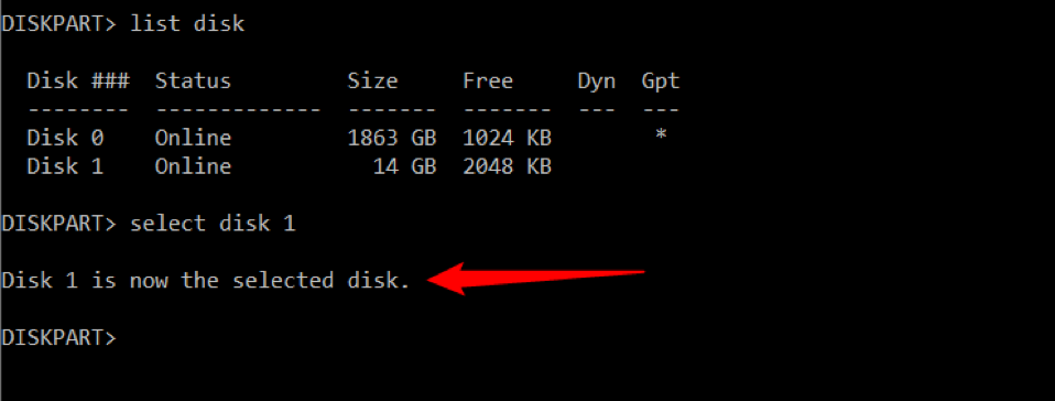 Press enter and utility will inform you that the disk is now selected