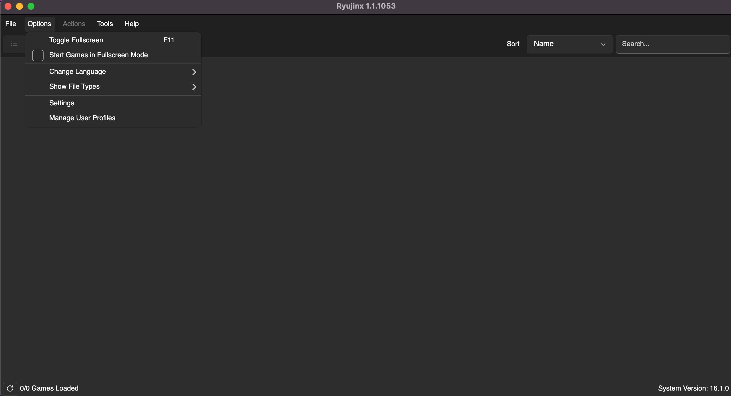 Ryujinx Home Page with settings option available