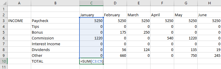 Подсчёт итогов доходов в январе