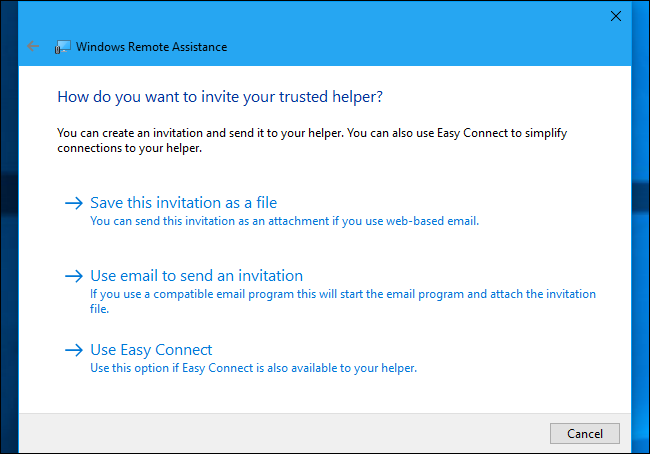 Выбор Easy Connect или файла приглашения в Windows Remote Assistance