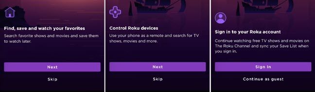 Экраны вступления приложения Roku с объяснением функций.