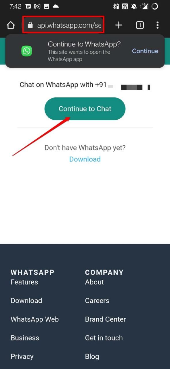 Окно чата WhatsApp без сохранённого номера
