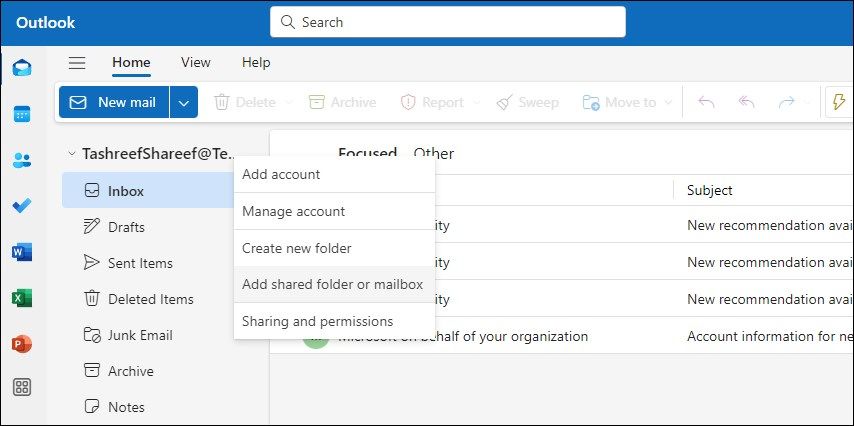 Опция Add shared folder or mailbox в Outlook на рабочем столе Windows 11.