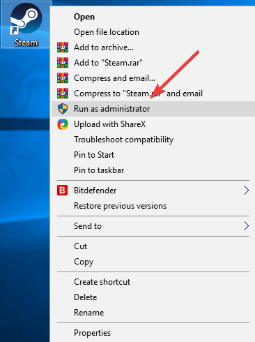 Запуск Steam от имени администратора — контекстное меню Windows с опцией