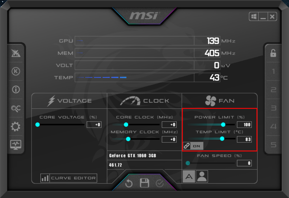 MSI Afterburner: лимиты мощности и температуры выделены