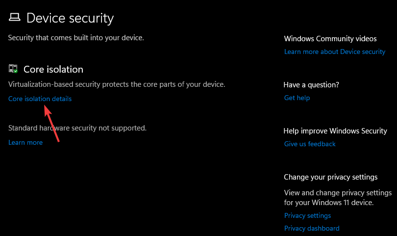 Опция «Детали изоляции ядра»