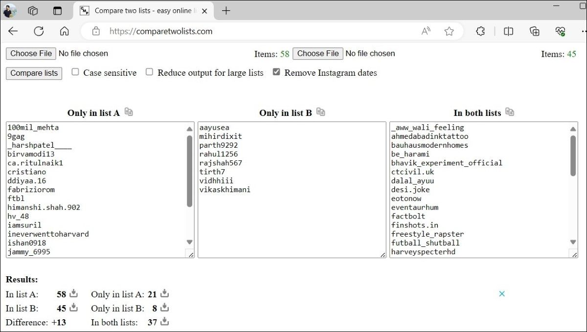 Результат сравнения: кто не подписан на вас в Instagram