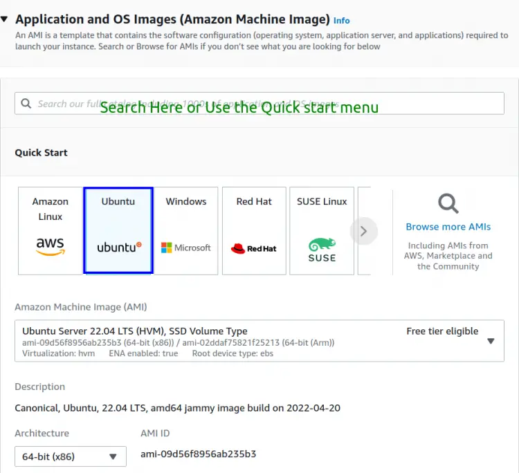 Выбор AMI Ubuntu 22.04 в Quick Start