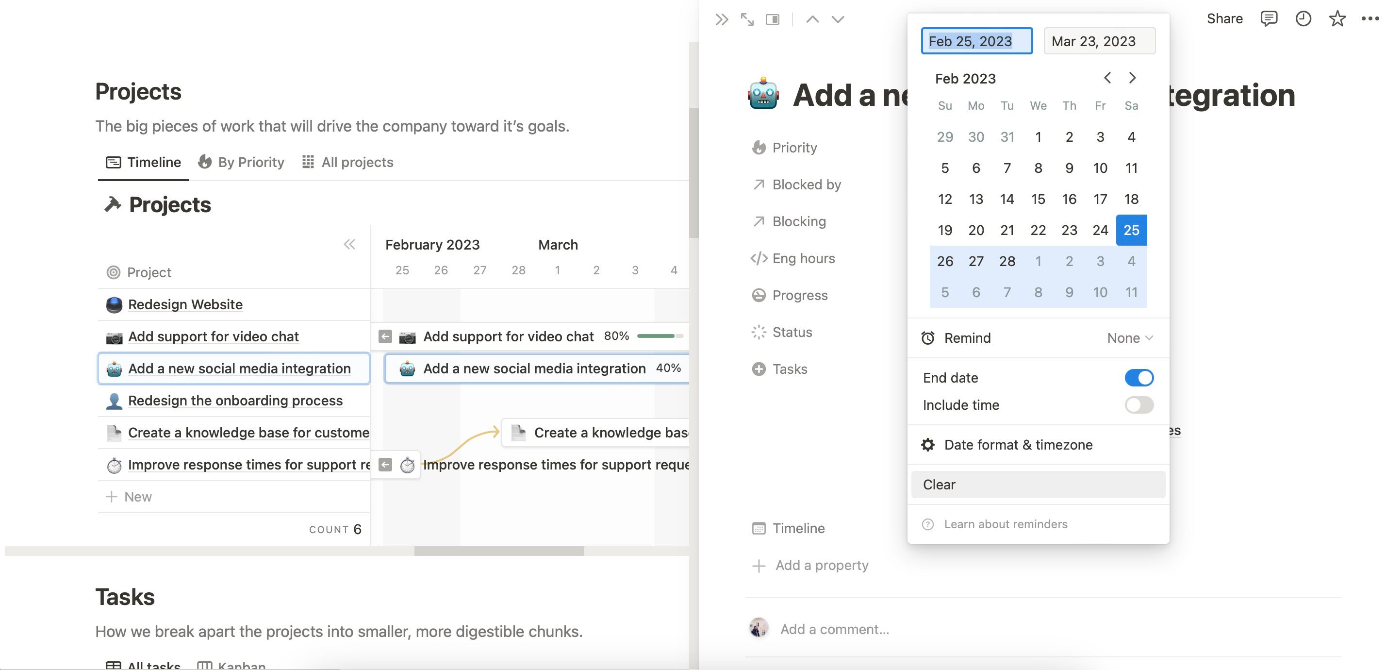 Перемещение задачи по временному интервалу в диаграмме Ганта Notion