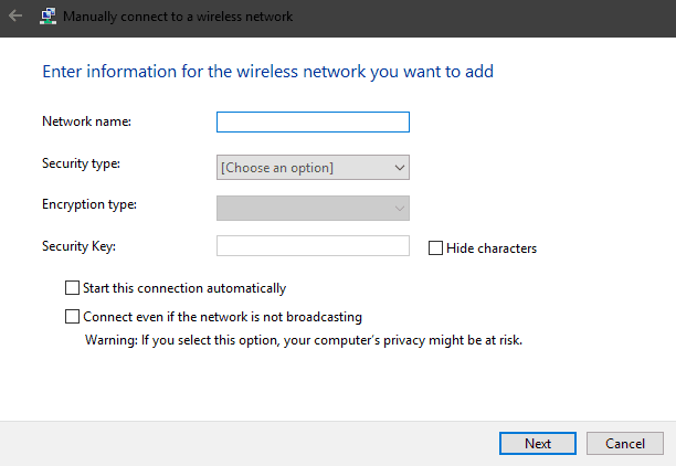 Параметры подключения к скрытой Wi‑Fi сети