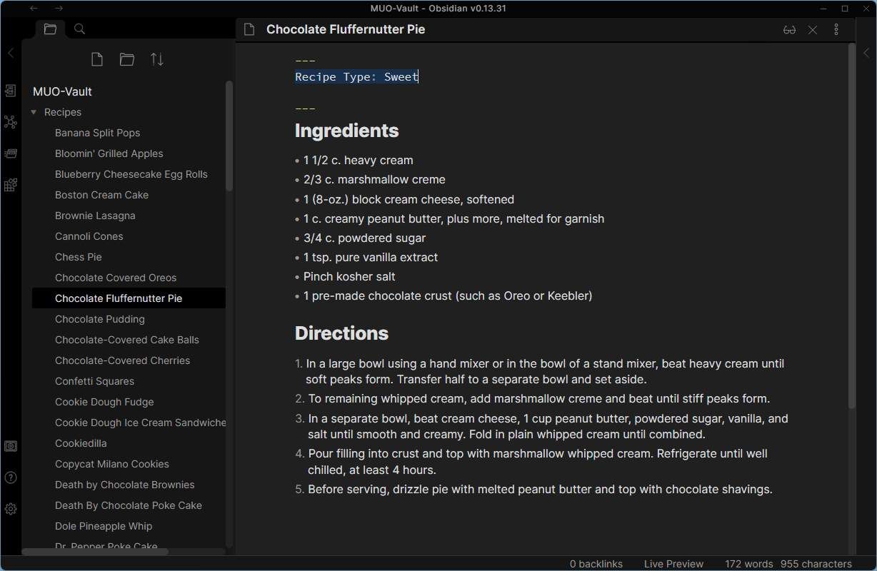 Пример фронтматтера для рецепта: тип, ингредиенты, время