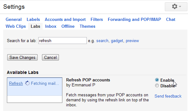 Кнопка обновления POP-аккаунтов в Labs