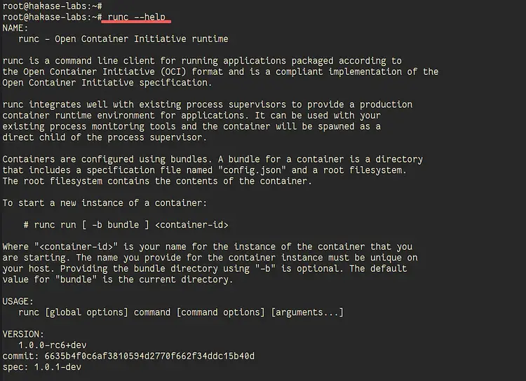 Вывод --help для runc