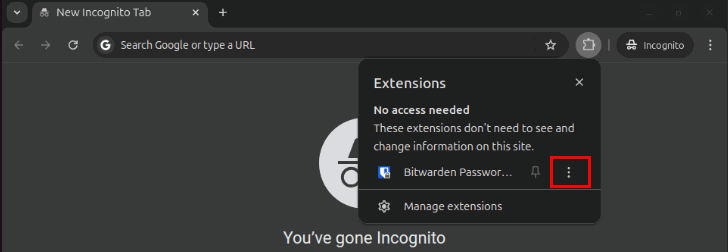 Скриншот: значок из трёх точек рядом с расширением в меню