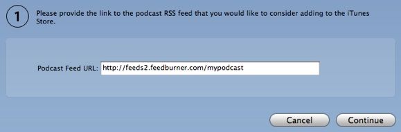 экран подачи подкаста в iTunes с полем для фида и метаданных