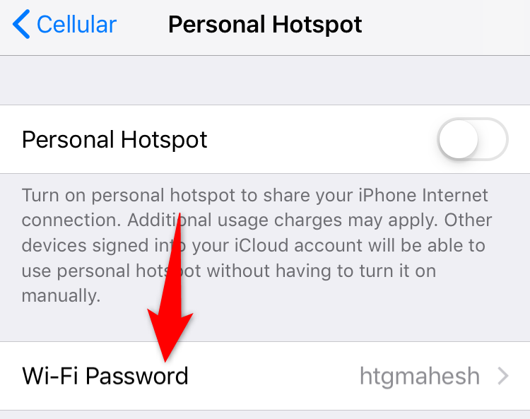 Настройки iPhone: поле «Пароль Wi‑Fi» на странице режима модема.